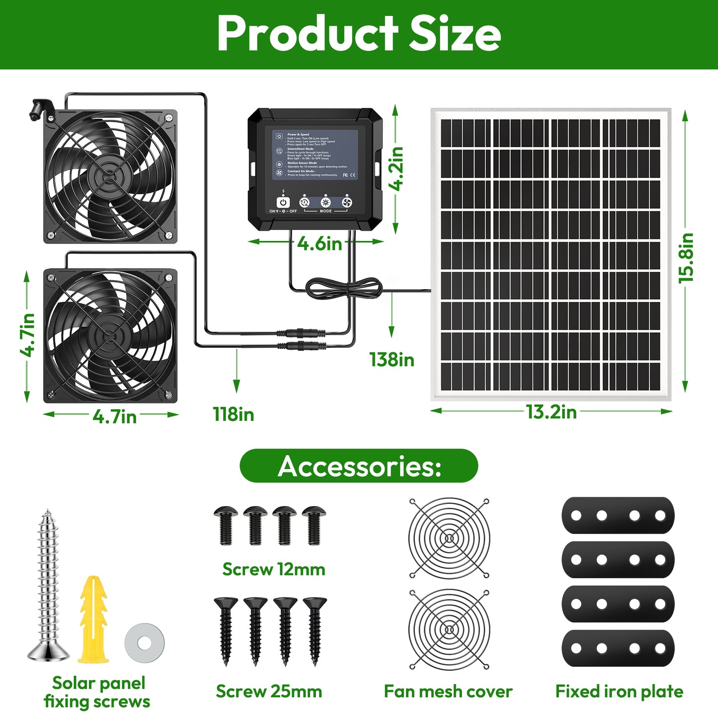 INNOLAND Solar Fan for Chicken Coop with Sensor & Battery & 25W Solar Panel