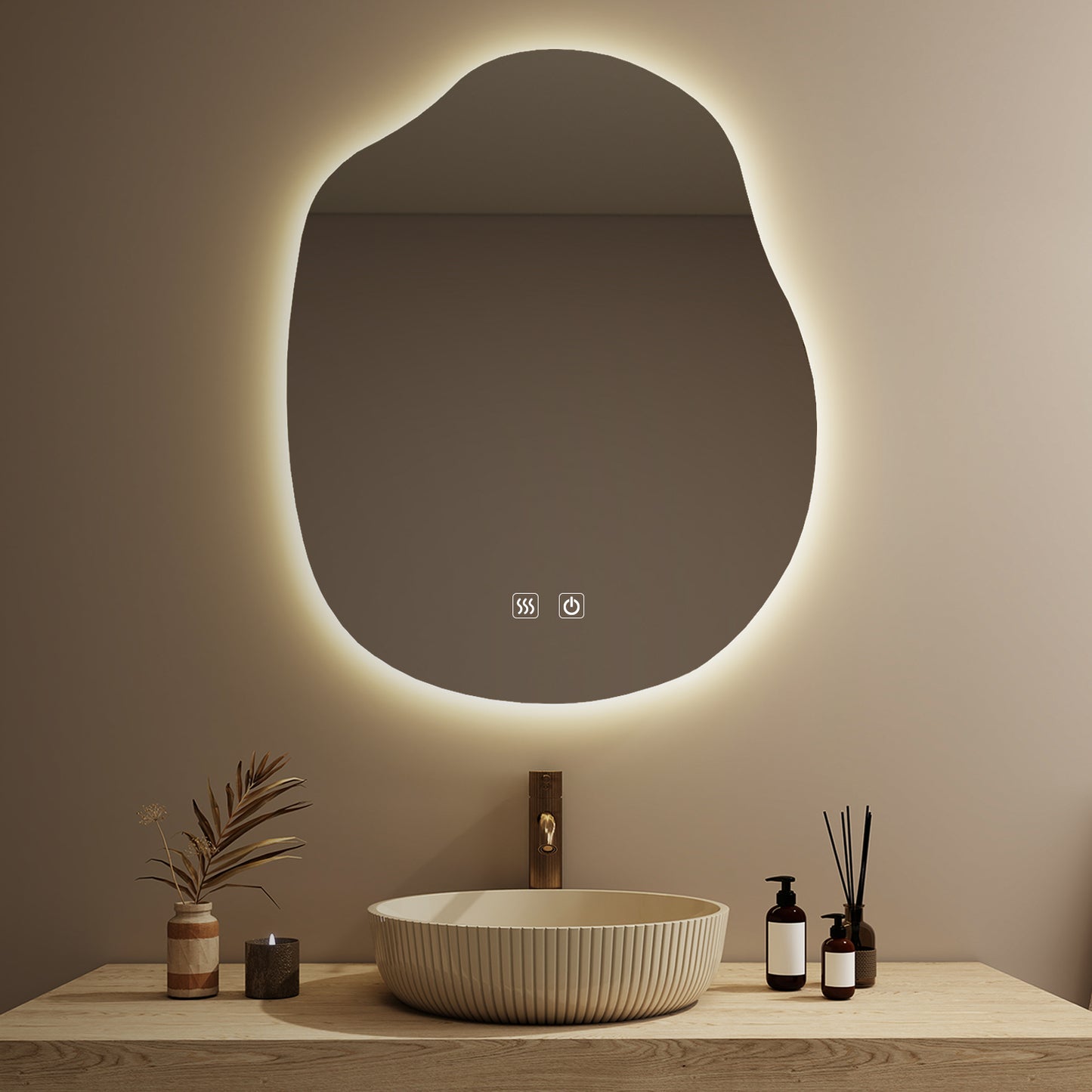 LED Bathroom Mirror with Lights, Irregular Wall Mirror with 3-Color Lighting and Dimmable, Anti-Fog Vanity Mirror for Wall, Horizontal/Vertical (36" x 30")