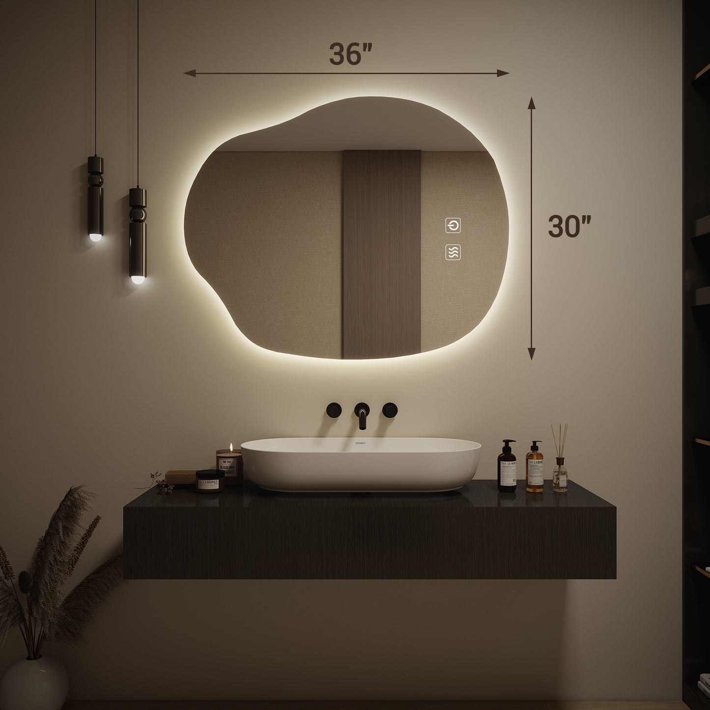 LED Bathroom Mirror with Lights, Irregular Wall Mirror with 3-Color Lighting and Dimmable, Anti-Fog Vanity Mirror for Wall, Horizontal/Vertical (36" x 30")