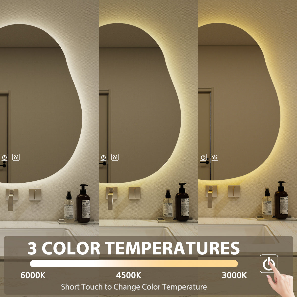 LED Bathroom Mirror with Lights, Irregular Wall Mirror with 3-Color Lighting and Dimmable, Anti-Fog Vanity Mirror for Wall, Horizontal/Vertical (36" x 30")