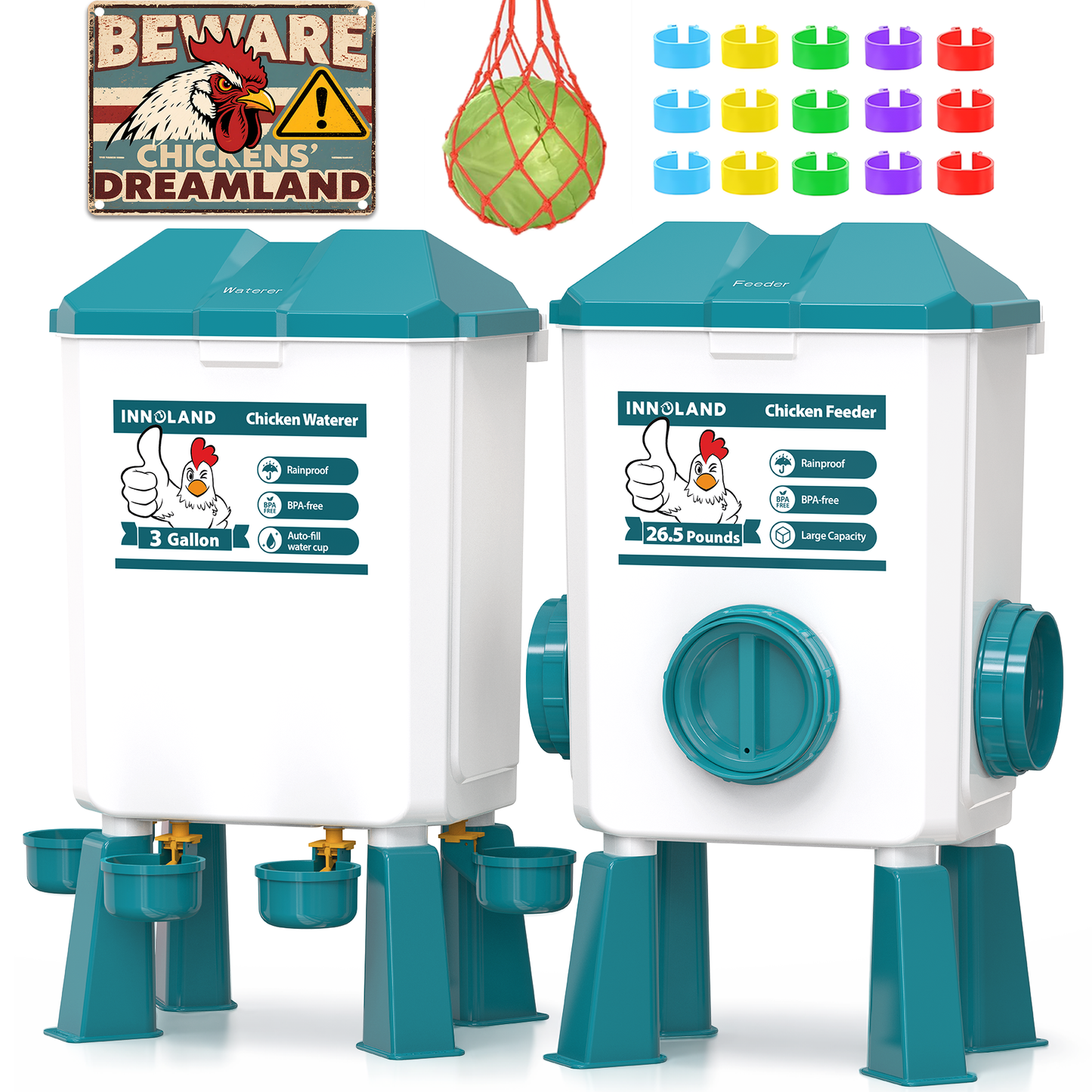 INNOLAND Automatic Chicken Feeder and Waterer Set - 3 Gallon/26.5 Pounds