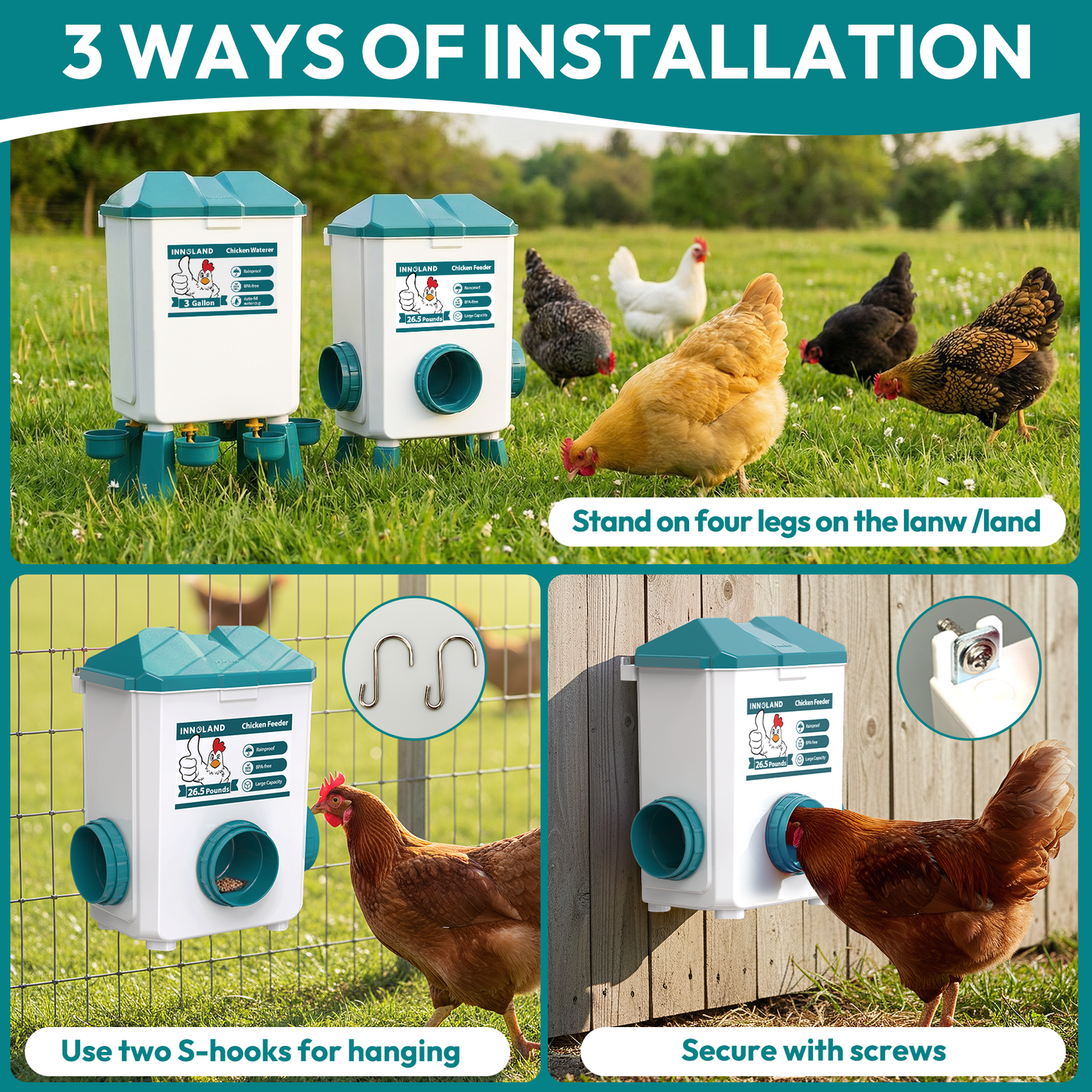 INNOLAND Automatic Chicken Feeder and Waterer Set - 3 Gallon/26.5 Pounds